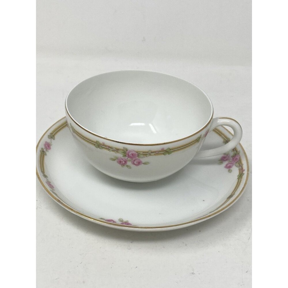 Zeh Scherzer Bavaria Bone China Cup & Saucer Banded Pink Roses Vintage Germany